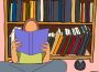 A cartoon drawing of a person sitting on the floor next to a bookshelf, reading a book. Several others are scattered around.