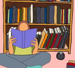 A cartoon drawing of a person sitting on the floor next to a bookshelf, reading a book. Several others are scattered around.
