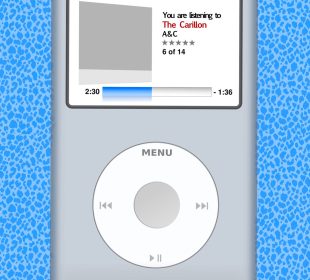 This image shows an old iPod on a blue leopard print background. The iPod has a small screen with arrow buttons to shuffle songs. The screen says ‘now playing’ at the top and has ‘You are listening to: The Carillon, A&C’ as the title. 