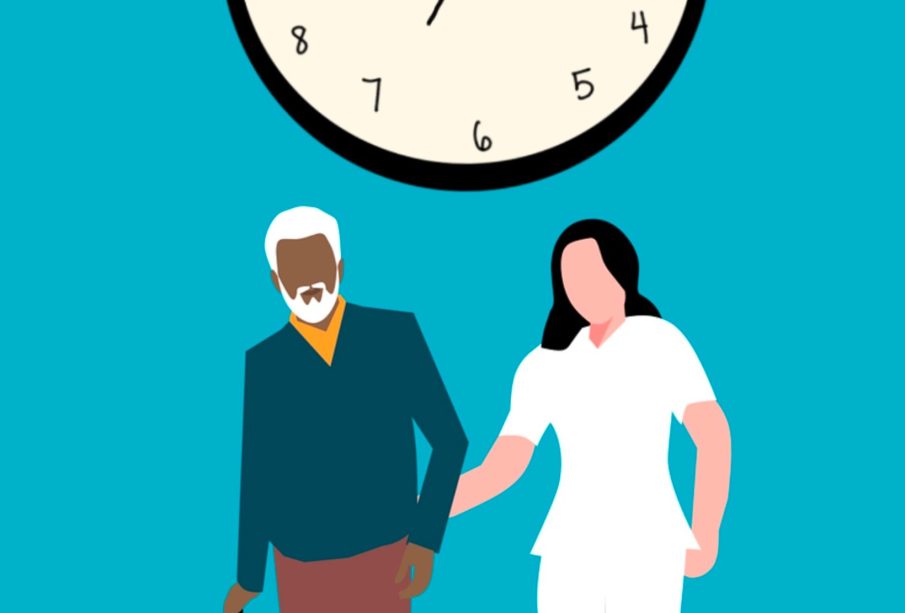 A nurse helps a patient to walk with a cane. A clock ticks behind them on a blue background. 