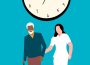 A nurse helps a patient to walk with a cane. A clock ticks behind them on a blue background. 