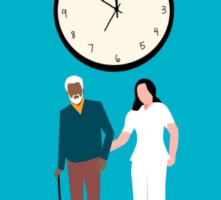 A nurse helps a patient to walk with a cane. A clock ticks behind them on a blue background. 