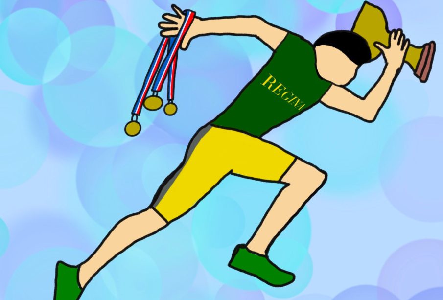 A runner dressed in the U of R’s green and yellow sprints toward the right of the image, a handful of medals in their left hand and a trophy in their right. 