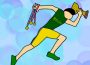 A runner dressed in the U of R’s green and yellow sprints toward the right of the image, a handful of medals in their left hand and a trophy in their right. 