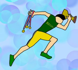 A runner dressed in the U of R’s green and yellow sprints toward the right of the image, a handful of medals in their left hand and a trophy in their right.