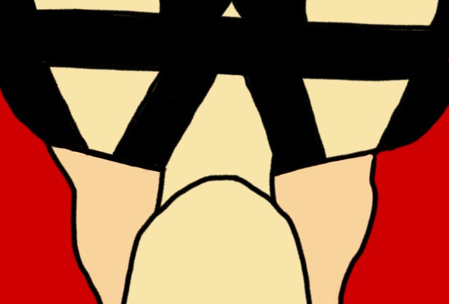 This is an artistic depiction of the main character from The Idol. The person is upside down and has a blank face without features. Along the top of the image are the words “THE IDOL” in full caps.