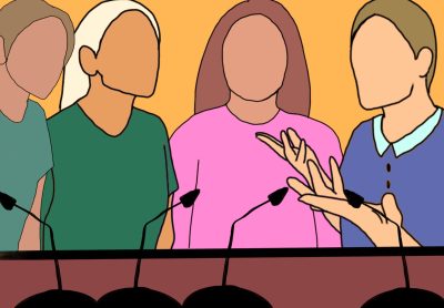 A sketch showing four people, each of them speaking into a different microphone.