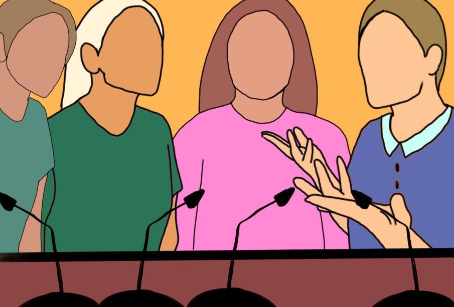 A sketch showing four people, each of them speaking into a different microphone.