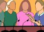 A sketch showing four people, each of them speaking into a different microphone.