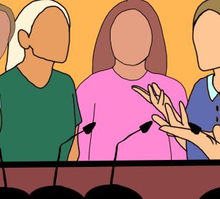 A sketch showing four people, each of them speaking into a different microphone.