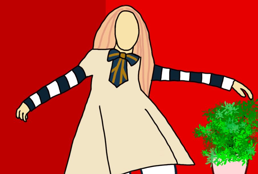 This is an artistic depiction of the doll in M3GAN. She has long straight hair, a cute knee length dress, and a bow around her neck.