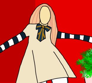 This is an artistic depiction of the doll in M3GAN. She has long straight hair, a cute knee length dress, and a bow around her neck.