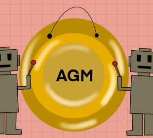 Two bots bang the gong summoning people to the URSU AGM.