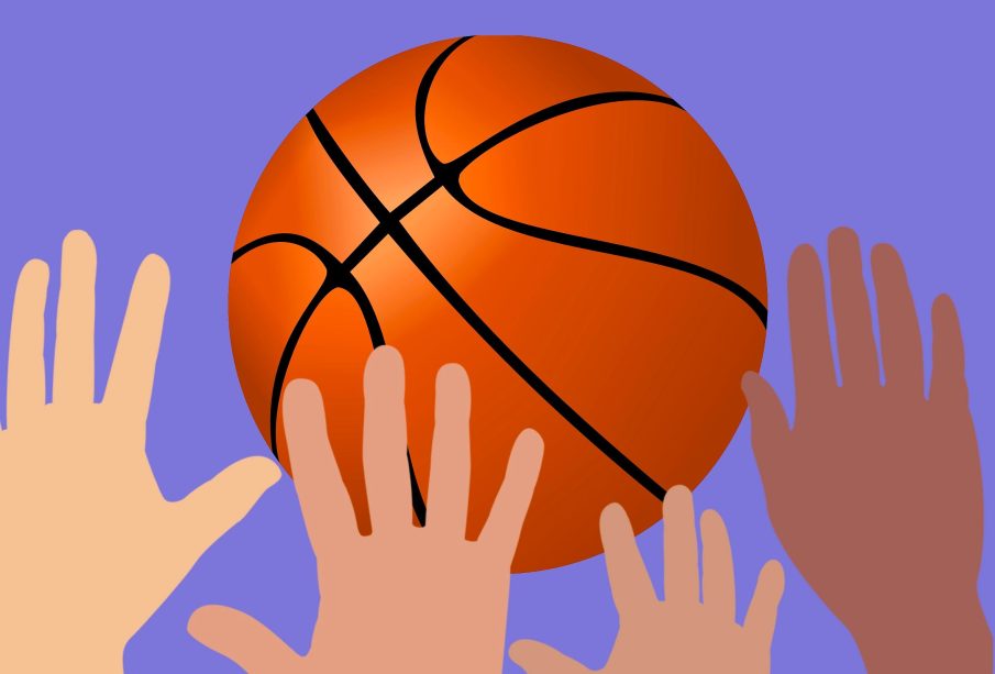 A basketball hangs in the air against a blue background, and four hands reach up from the bottom of the frame trying to catch it.