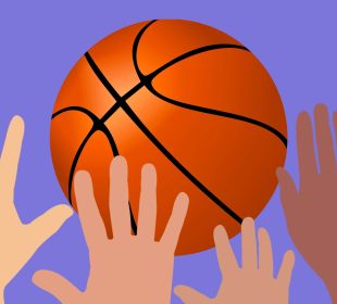 A basketball hangs in the air against a blue background, and four hands reach up from the bottom of the frame trying to catch it.