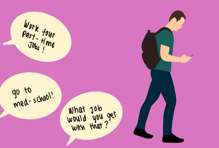 A person with a backpack walking away from random advice and questions about their college experience and future.