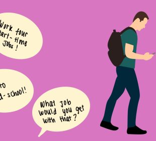 A person with a backpack walking away from random advice and questions about their college experience and future.