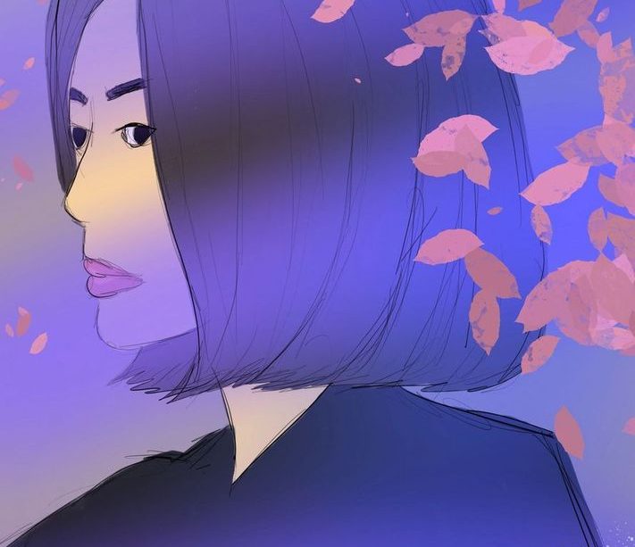 This is a digital drawing of the main character, Moon Dong-eun. Her hair is in a bob and she stares off to one side. Cherry blossoms frame either side of the piece, and the title The Glory is printed at the bottom, beginning to fade away.