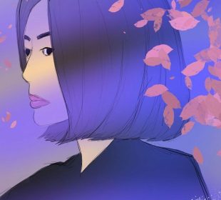 This is a digital drawing of the main character, Moon Dong-eun. Her hair is in a bob and she stares off to one side. Cherry blossoms frame either side of the piece, and the title The Glory is printed at the bottom, beginning to fade away.