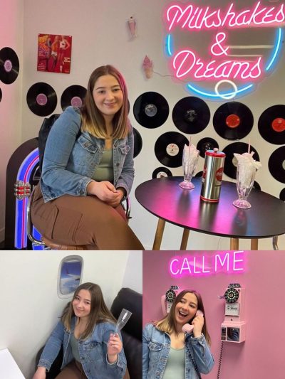 Three pictures taken at the Self-Image Boutique where Victoria Baht poses with a few of their sets, including a diner theme and the window seat of an airplane.