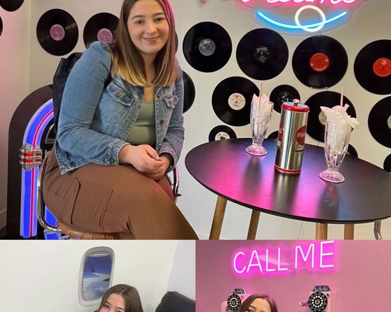 Three pictures taken at the Self-Image Boutique where Victoria Baht poses with a few of their sets, including a diner theme and the window seat of an airplane.