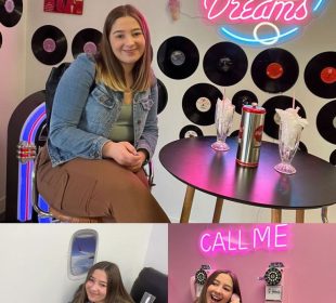 Three pictures taken at the Self-Image Boutique where Victoria Baht poses with a few of their sets, including a diner theme and the window seat of an airplane.