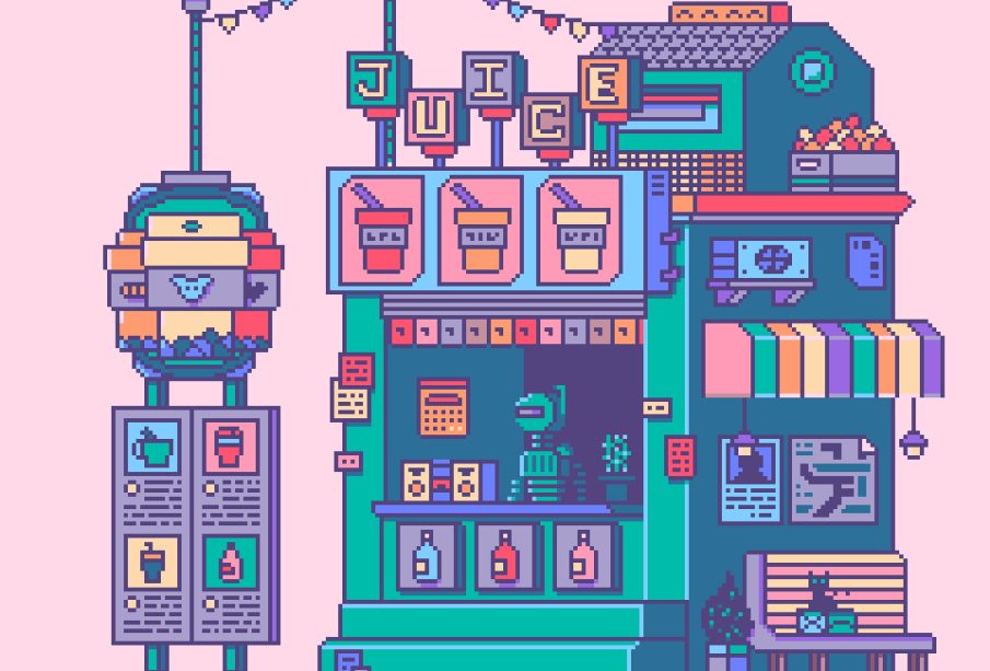 A brightly coloured, pixel animated juice bar sits against a pink background with a robot working the counter to take orders.