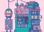 A brightly coloured, pixel animated juice bar sits against a pink background with a robot working the counter to take orders.