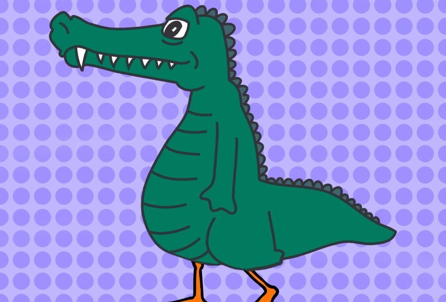 An alligator-duck dinosaur roams around on a purple background.