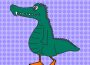 An alligator-duck dinosaur roams around on a purple background.