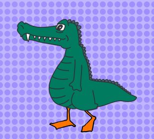 An alligator-duck dinosaur roams around on a purple background.
