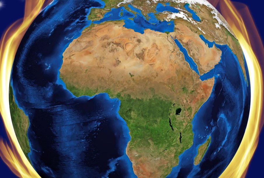 Earth is viewed from outer space while on fire.