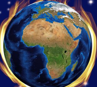 Earth is viewed from outer space while on fire.