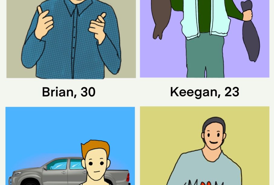 A 2x2 chart showing dating profiles of four men. The first, Brian, gives two thumbs-up to the camera while smiling through his glasses. The second, Keegan, poses in fishing gear with two catches of the day. The third, Brett, poses in a tank top in front of his silver truck. The fourth, David L., stands shyly with his hands in his pockets, wearing a shirt that says “MOM” with a heart instead of the letter O. 