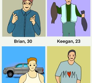 A 2x2 chart showing dating profiles of four men. The first, Brian, gives two thumbs-up to the camera while smiling through his glasses. The second, Keegan, poses in fishing gear with two catches of the day. The third, Brett, poses in a tank top in front of his silver truck. The fourth, David L., stands shyly with his hands in his pockets, wearing a shirt that says “MOM” with a heart instead of the letter O. 