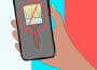 Someone holds a phone in their right hand that shows a paintbrush on the screen covered by a red circle with a line crossing through it diagonally. The background is three vertical stripes coloured white, blue, and red.