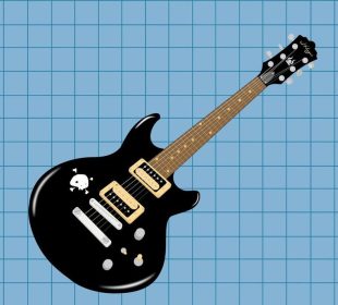 This image is a digital drawing of an electric guitar. It has a little skull sticker on the guitar, and the background is blue tiles. 