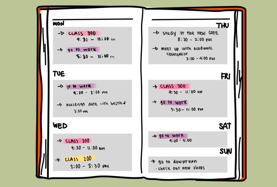 An open planner, showing entries for class times, work shifts, and some activities like shopping and visiting the museum.