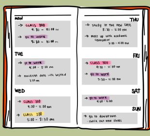 An open planner, showing entries for class times, work shifts, and some activities like shopping and visiting the museum.