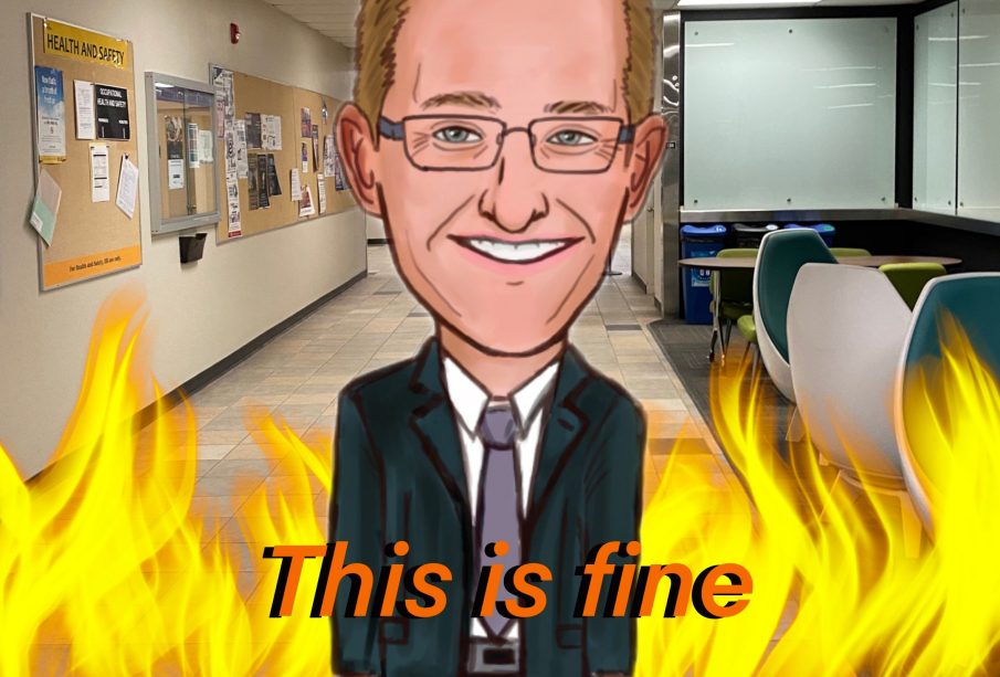 A caricature of Jeff Keshen, President of the University of Regina, who stands in the Classroom Building hallway on campus. The hallway behind him burns and the caption at the bottom reads ‘This is fine.’
