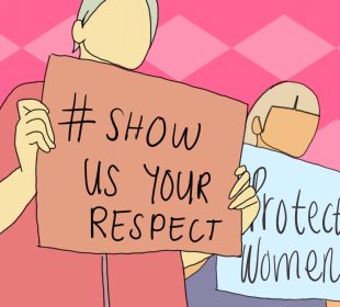 A sketch showing two people holding up placards that say Show us Your Respect and Protect women in protest of the Experience Regina campaign.