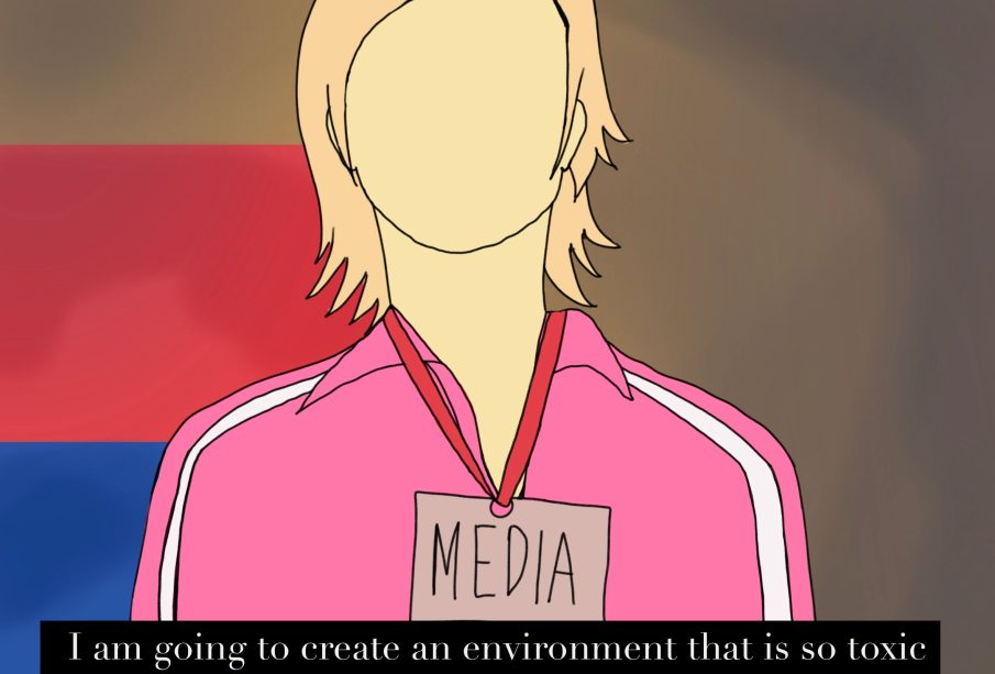 An illustration parodying a meme where a blonde woman dressed in pink says “I am going to create an environment that is so toxic.” The woman is wearing a lanyard around her neck that reads “MEDIA.”