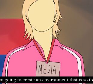 An illustration parodying a meme where a blonde woman dressed in pink says “I am going to create an environment that is so toxic.” The woman is wearing a lanyard around her neck that reads “MEDIA.”