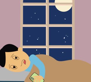 A person lying in bed, visibly tired but scrolling away on their phone.