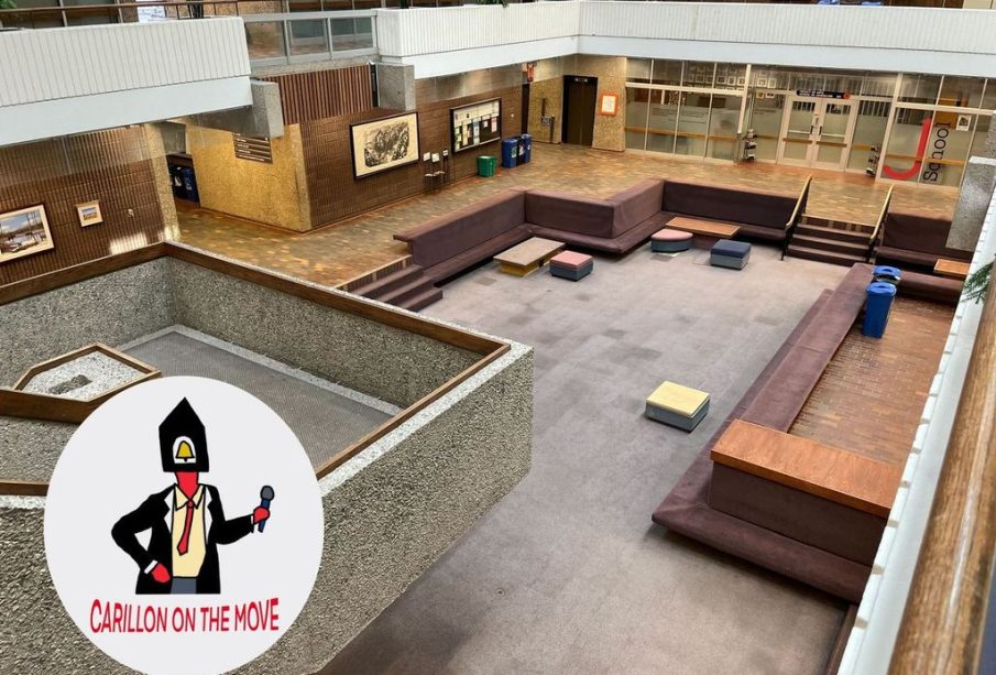 An empty AdHum pit sits desolate from a bird’s eye view. The Carillon the Move series logo sits in the left corner.