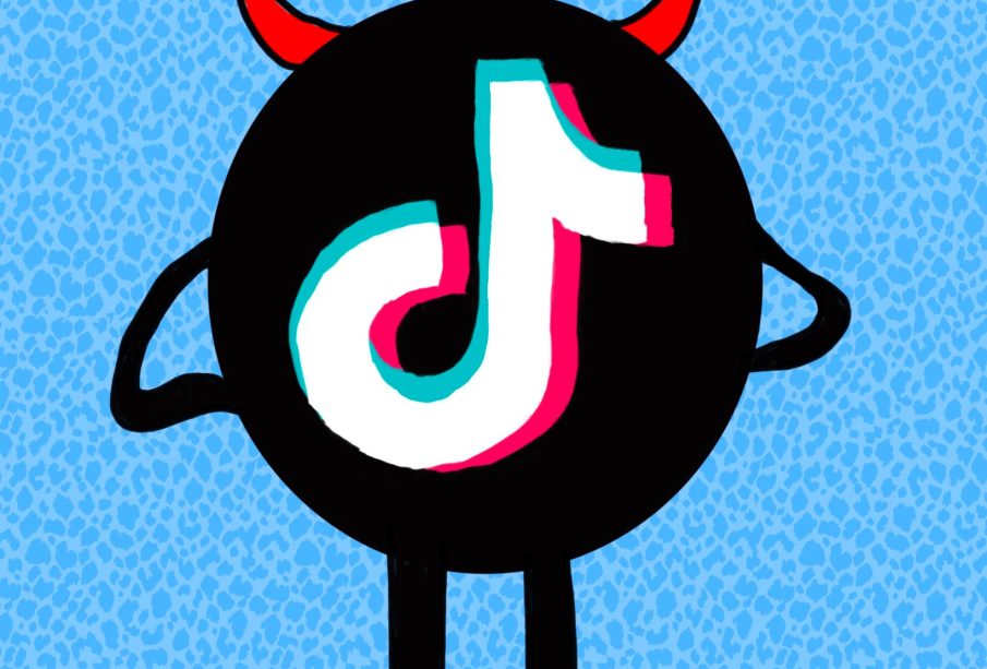 The TikTok logo with a pair of devil horns sits on a blue background. 