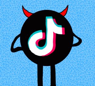 The TikTok logo with a pair of devil horns sits on a blue background. 