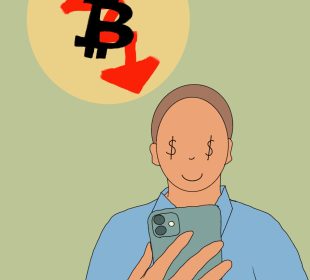 A person holding a phone that shows a chart with the bitcoin symbol, the price rapidly falling.