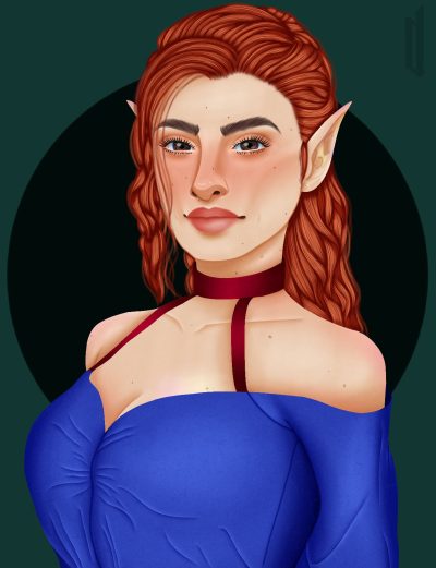 This digital portrait depicts a person with feminine features. They have long wavy hair, long lashes, and are wearing a fitted dress.