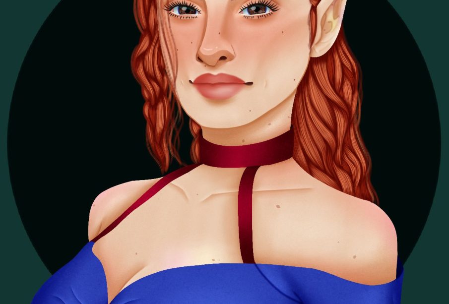 This digital portrait depicts a person with feminine features. They have long wavy hair, long lashes, and are wearing a fitted dress.